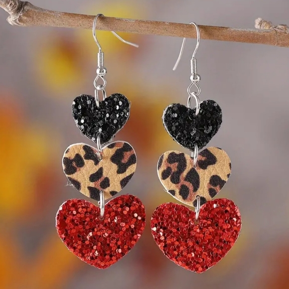 Jewelry - Valentine's Day Vintage Sequin Peach Heart Love Leopard Cow Pattern Earrings